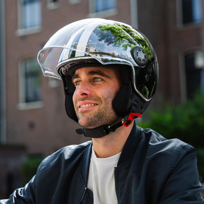 VINZ Parchi Jet Helmet with Dual Visor | Scooter Helmet Fashion Helmet with Stripes | Available in sizes XS-XXL | Jet helmet with sun visor | ECE 22.06 Certified | Motorcycle Helmet with Visor - Black