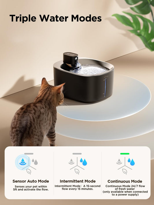 FEELNEEDY 4L Cat Drinking Fountain Cordless with Sensor Wireless Cat Fountain Stainless Steel with Motion Sensor without Power and Battery 4000mAh, 3 Modes, Quiet Pump and 2 Filters, Black