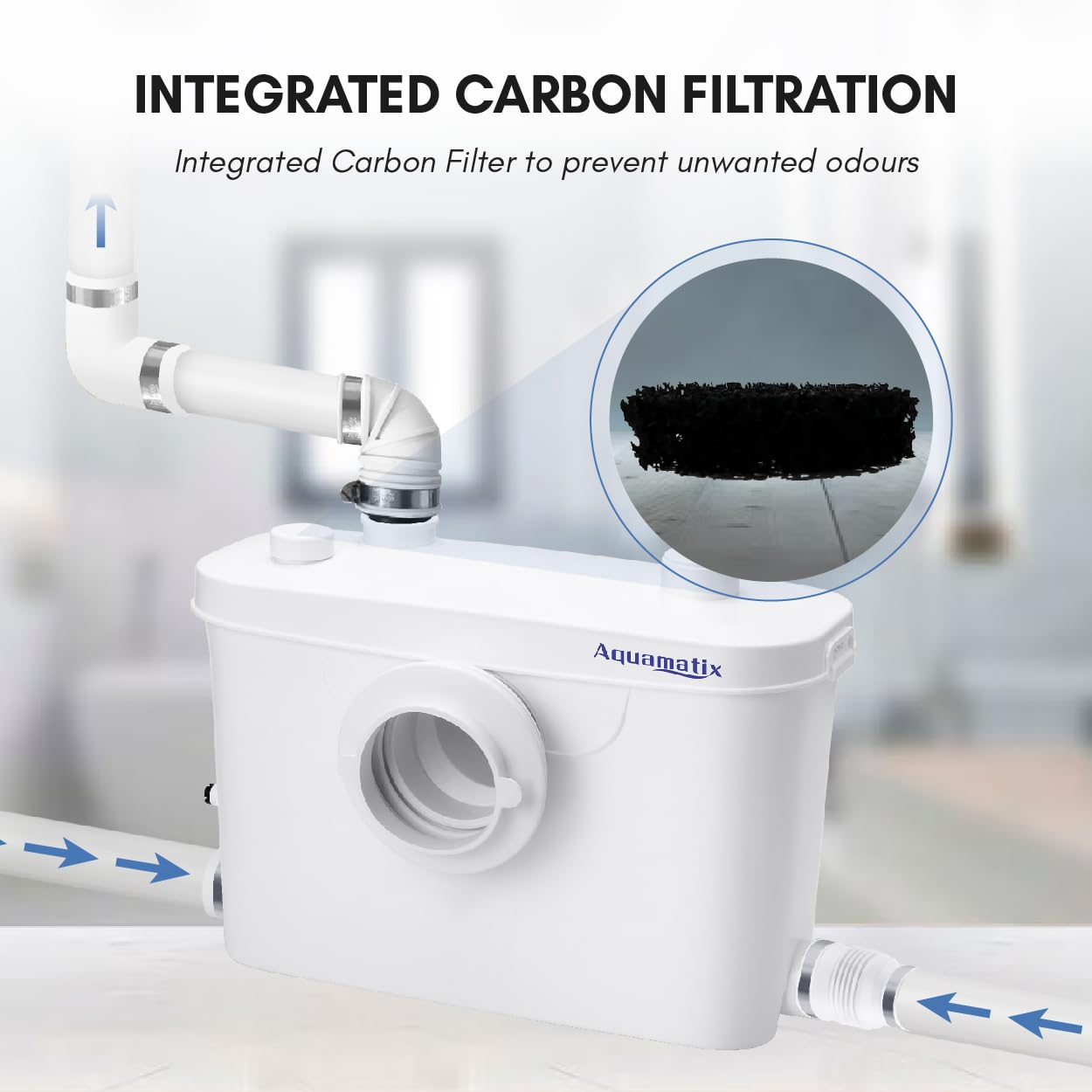 Aquamatix lifting station 400W Sanitary waste pump 100L/min 6.5m vertical discharge distance with 3 inlets for toilet, sink, and bathtub with charcoal filter.