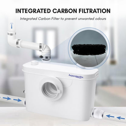 Aquamatix lifting station 400W Sanitary waste pump 100L/min 6.5m vertical discharge distance with 3 inlets for toilet, sink, and bathtub with charcoal filter.