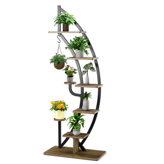 RELAX4LIFE Plant Stand Half Moon Shaped, 6-Tier Flower Shelf with Shelves Hooks, Flower Stand with 2 Installation Methods & Anti-tilt Device, Plant Shelf for Garden Balcony (1 Piece, Brown)