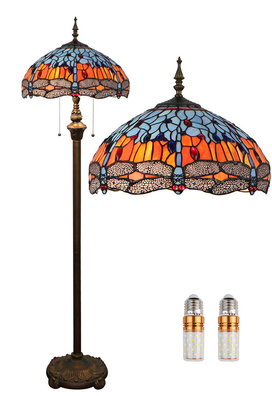 Kinbolas Tiffany Style 16 Inch Retro Dragonfly Stained Glass Lampshade Floor Lamp Reading Lamp Vintage Floor Lamp Boho Art Deco Bedroom Living Room Floor Lamp- Pedal Switch (Color: C-4)