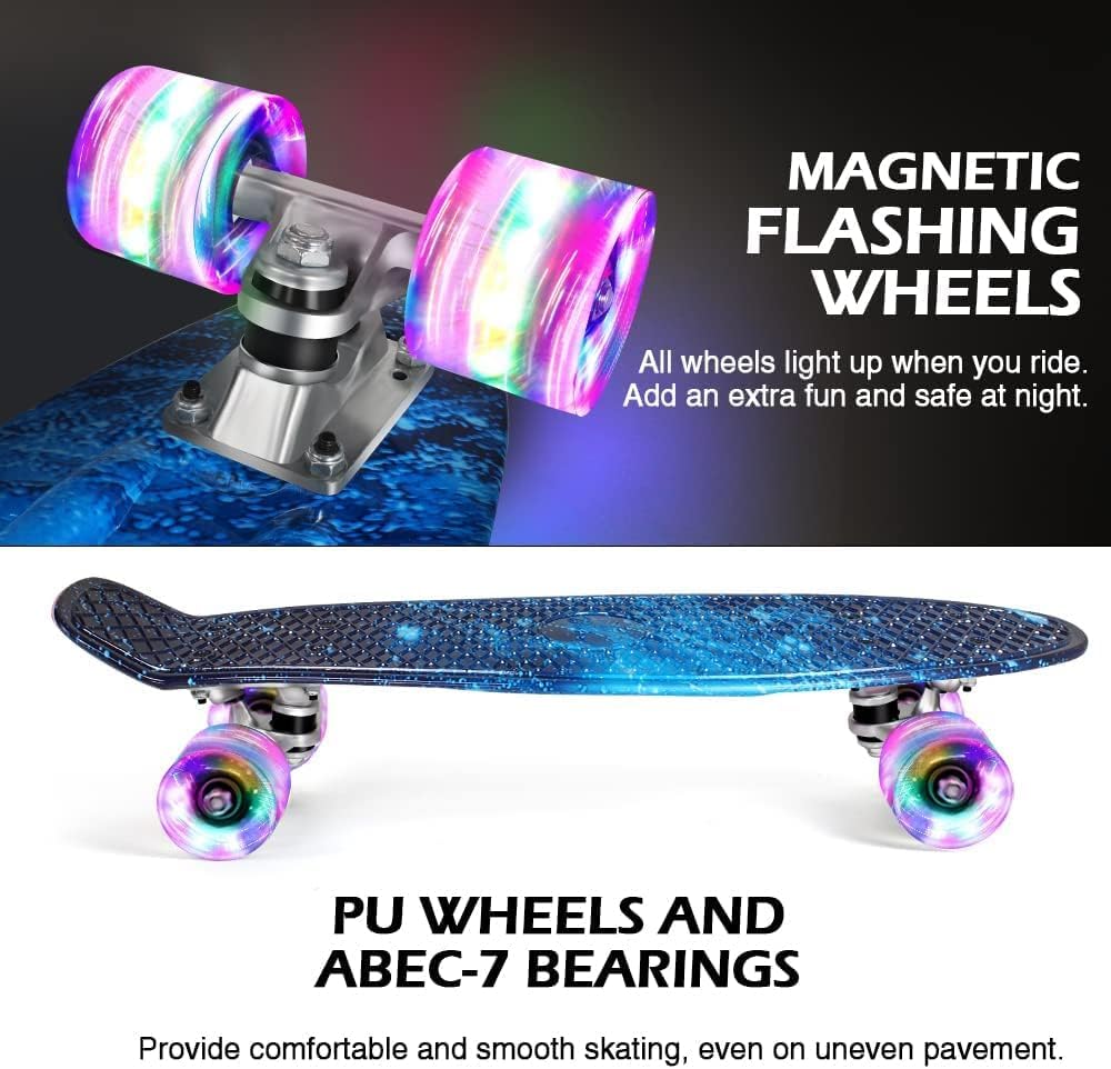 BELEEV Children's Skateboard 22 Inch with LED Light-up Wheels, Complete Mini Cruiser Skateboard for Kids Teens Adults, LED Light-up Wheels with All-in-one Skate T-Tool for Beginners