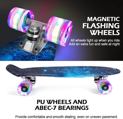BELEEV Children's Skateboard 22 Inch with LED Light-up Wheels, Complete Mini Cruiser Skateboard for Kids Teens Adults, LED Light-up Wheels with All-in-one Skate T-Tool for Beginners