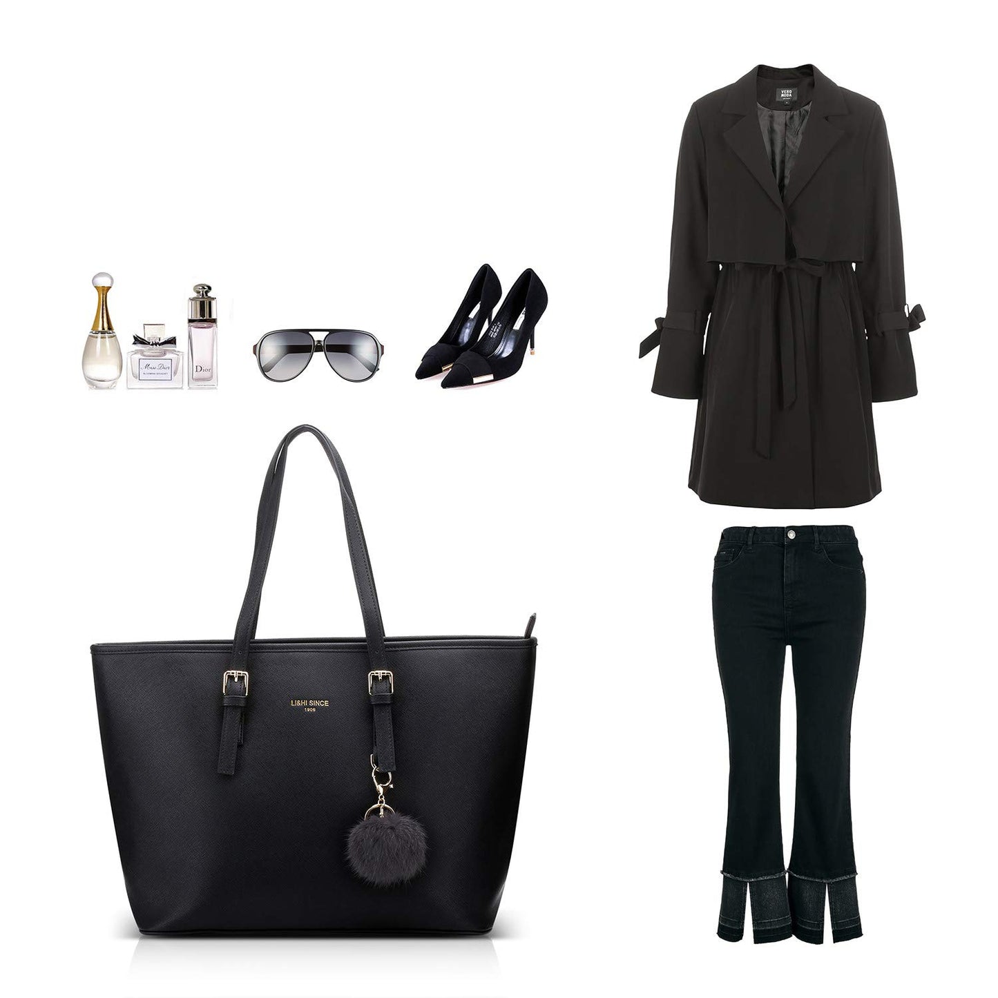 LI&HI Women's Handbag Elegant Shopper for School Black with Pom Pom 34 x 29 x 15.5 cm