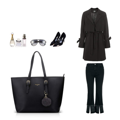 LI&HI Women's Handbag Elegant Shopper for School Black with Pom Pom 34 x 29 x 15.5 cm