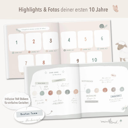mintkind® Childhood Memory Album Beige, Baby Book with Sticker Set, Birth Gift, Children's Photo Album, Diary for Entries, Memory Book 0-10 Years, Hardcover Album