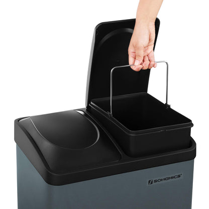 SONGMICS trash can 30 liters, waste separation, 2 x 15 liters, garbage can, step trash can with inner bins, colored pedals, waste recycling system for the kitchen, smoke gray-black LTB30G