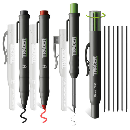 Tracer Marking Kit - Deep Hole Carpenter Pencil, Replacement Leads x 6, and 2 non-clogging markers with holster.