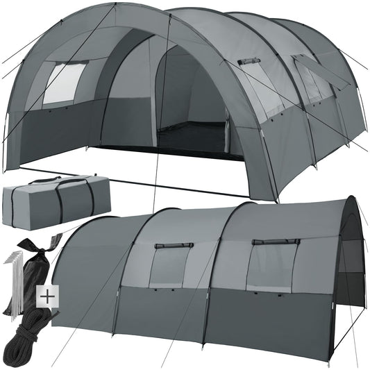 TECTAKE® tunnel tent, 6 people, family tent, large tent with awning and floor mat, UV protection, camping tent including carrying bag, 350 x 480 x 195 cm - dark gray/light gray.