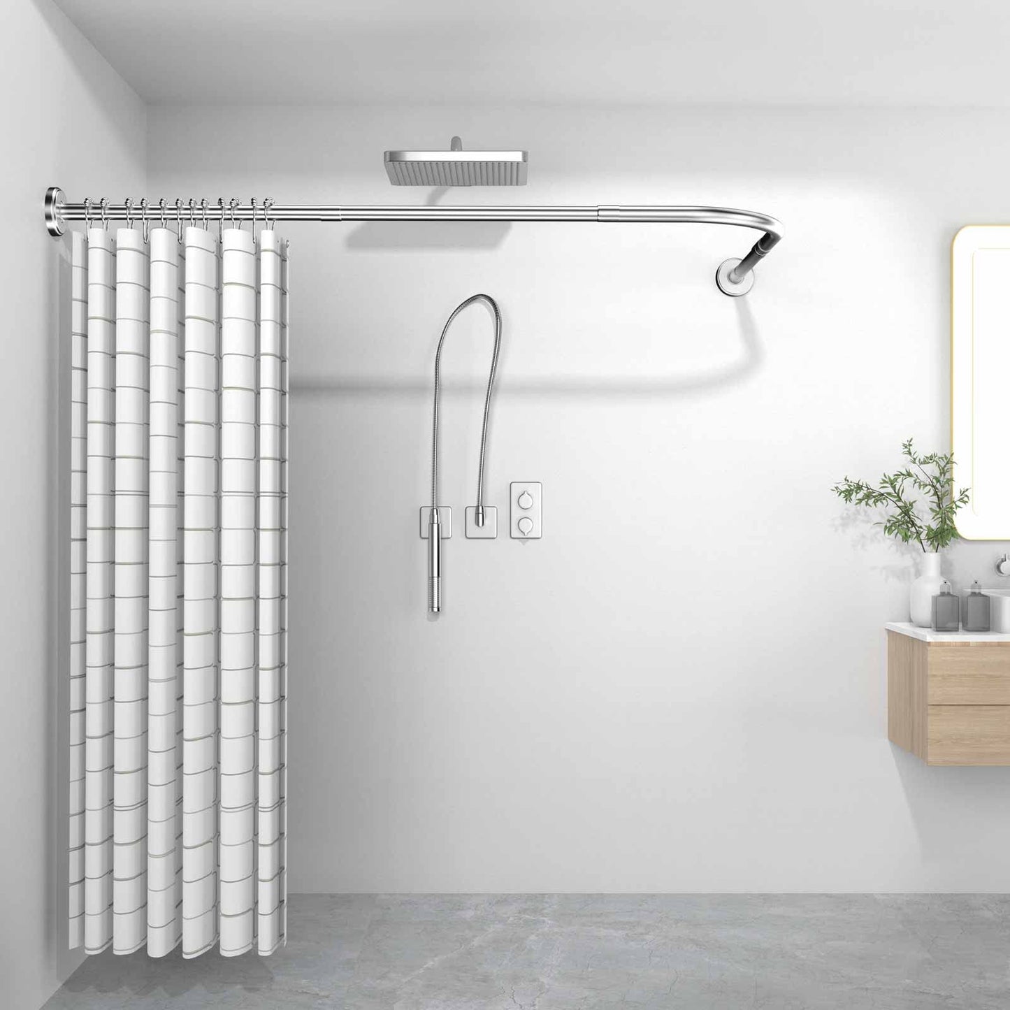Raoot L-shaped shower curtain rod, bathroom tub corner shower rod, 95-115x95-115cm, adjustable drill rod for bathroom/tub.