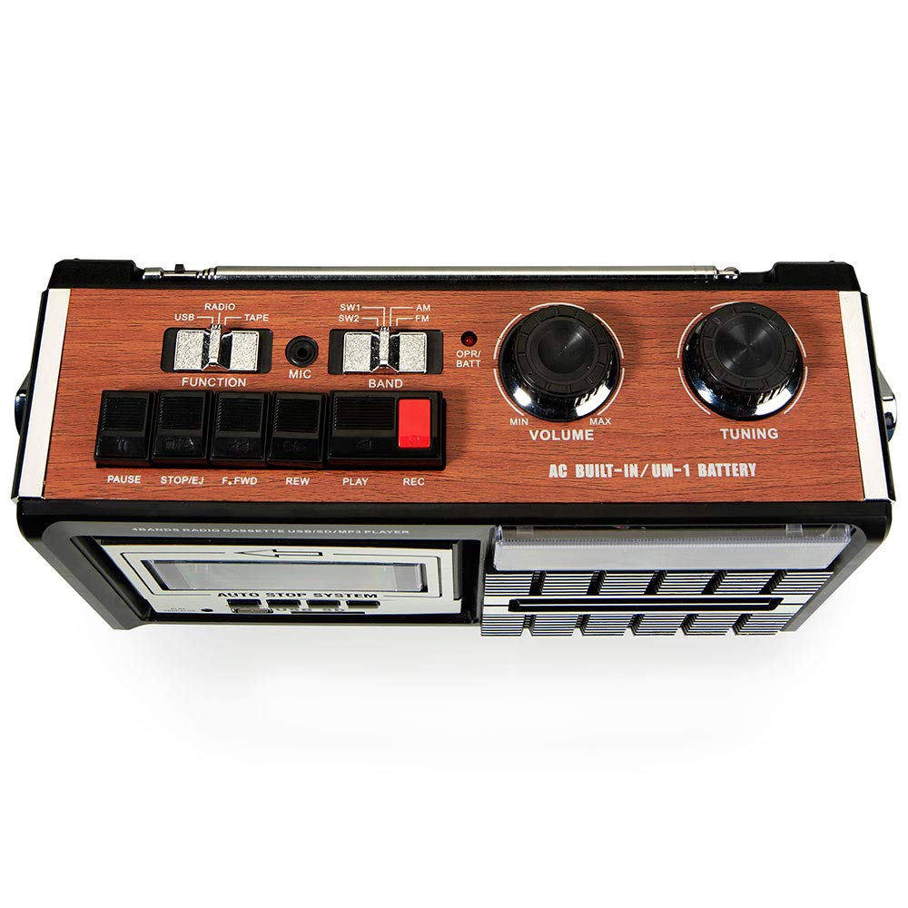 Ricatech PR85-80s cassette recorder, AM/FM/SW radio, USB, SD card slot, built-in microphone, auto stop, portable, 1x8 watt built-in speakers, headphone jack.