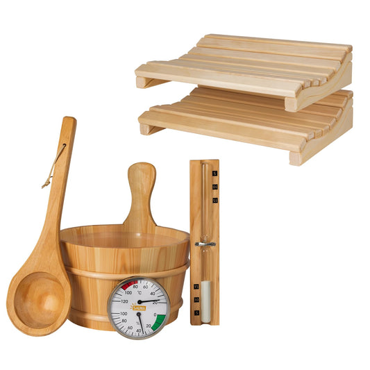 SUNNYDEALS classic sauna accessory set | 5-piece sauna set made of natural wood | sauna bucket & plastic insert 4l | sauna ladle | thermometer | hourglass | 2X sauna headrest