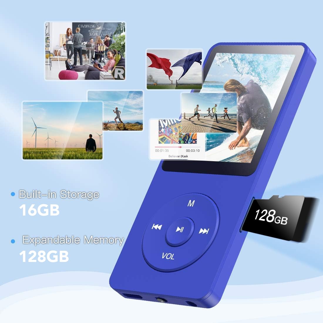 AGPTEK 8GB MP3 player 70 hours playback, color Navy Blue