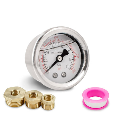 Innfeeltech 1-Pcs 40mm Pressure Gauge BSP 1/8" 0-21 Bar 0~300 Psi with 3-piece socket 1/8" to 1/4", 1/8" to 3/8", and 1/8" to 1/2" and a Teflon tape, axial