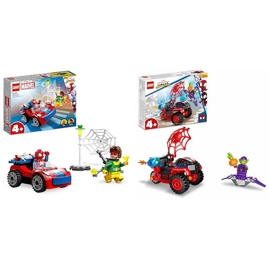 LEGO 10789 Marvel Spider-Man's Car and Doc Ock Set, Spidey and His Super Friends & 10781 Marvel Spidey and His Super Friends Miles Morales: Spider-Man's Techno-Trike, for ages 4 and up.