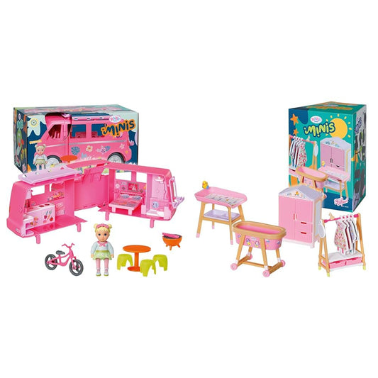 BABY Born, doll vehicle, fold-out caravan & Minis playset furniture set with wardrobe, clothes rail, bassinet, and changing table, 906163 Zapf Creation