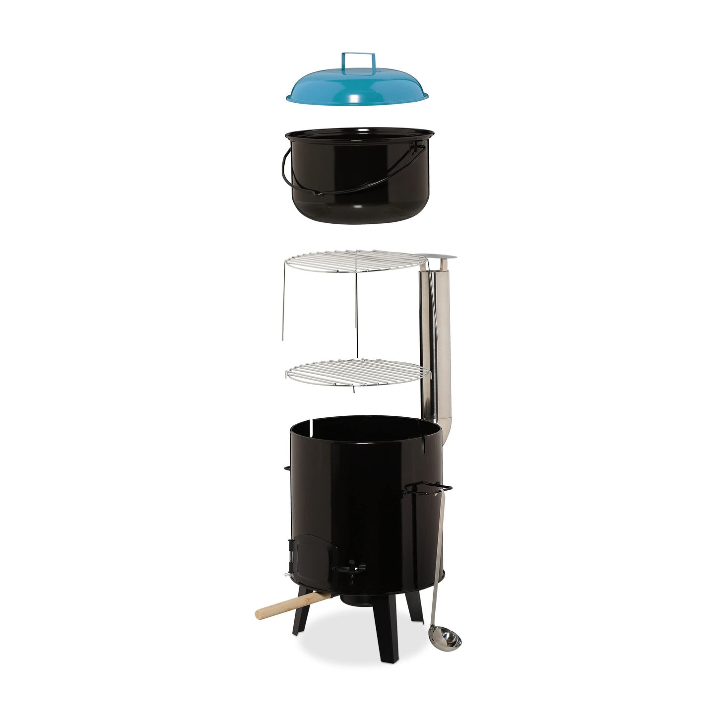 Relaxdays Goulash Cannon, enameled, goulash cauldron with lid, 14 liters, with grill grate, outdoor field kitchen, black/blue.