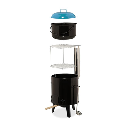Relaxdays Goulash Cannon, enameled, goulash cauldron with lid, 14 liters, with grill grate, outdoor field kitchen, black/blue.