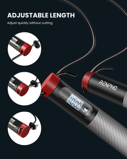 RENPHO Jump Rope with Counter, smart weighted jump rope for fitness training, adjustable rope for beginners and pros, with app data analysis for calorie burning.