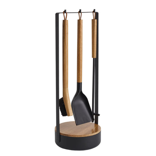 Morsø Adrian fireplace tool set - the original, high-quality designer fireplace set, 4-piece set with shovel, brush, poker & stand, black/natural wood.