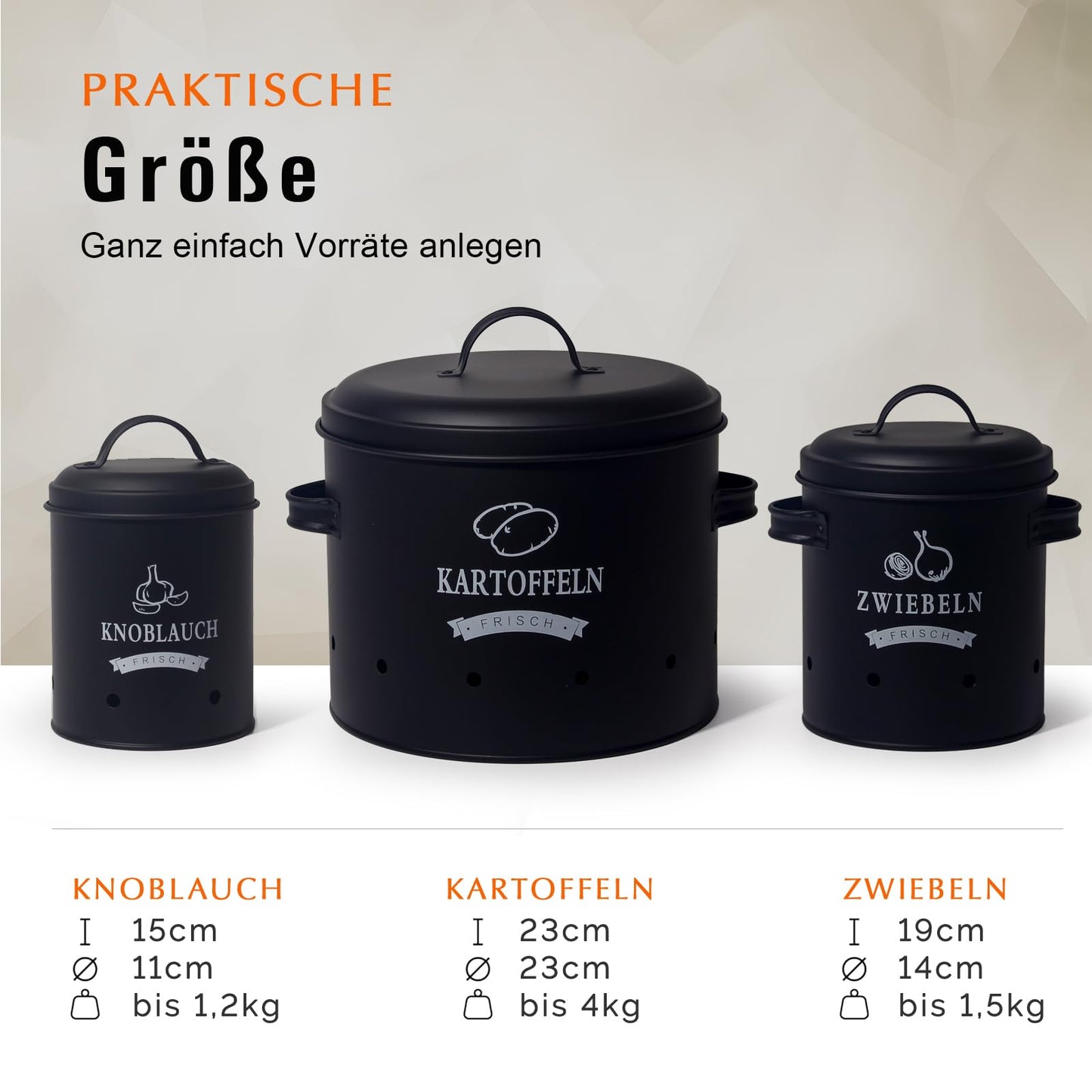 Theo&Cleo Potato Storage Set, Potato Pot in Retro Design Onion Pot, Large metal storage container, Kitchen storage, Can store potatoes for a long time (Black Set)