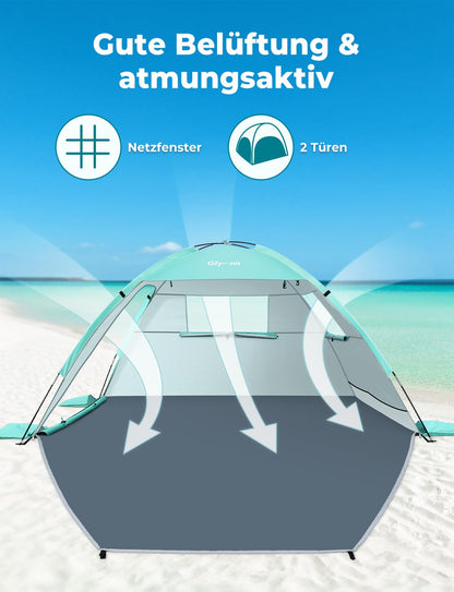 Glymnis beach tent with 2 zippered doors, UV protection UPF50+, windproof, compact size for 2-3 people.