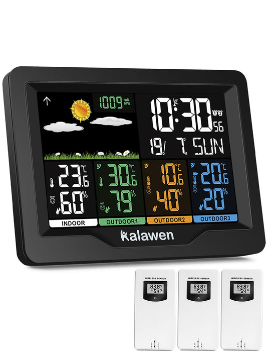Kalawen weather station with 3 outdoor sensors indoor and outdoor Multifunctional wireless weather station Color display Digital with thermometer hygrometer DCF radio clock Weather Station for home office home garden