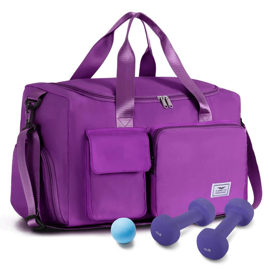 FIORETTO 35L Women's sports bag with shoe compartment and wet pocket, water resistant weekender gym travel bag, carry-on bag for women and men. Grape purple.