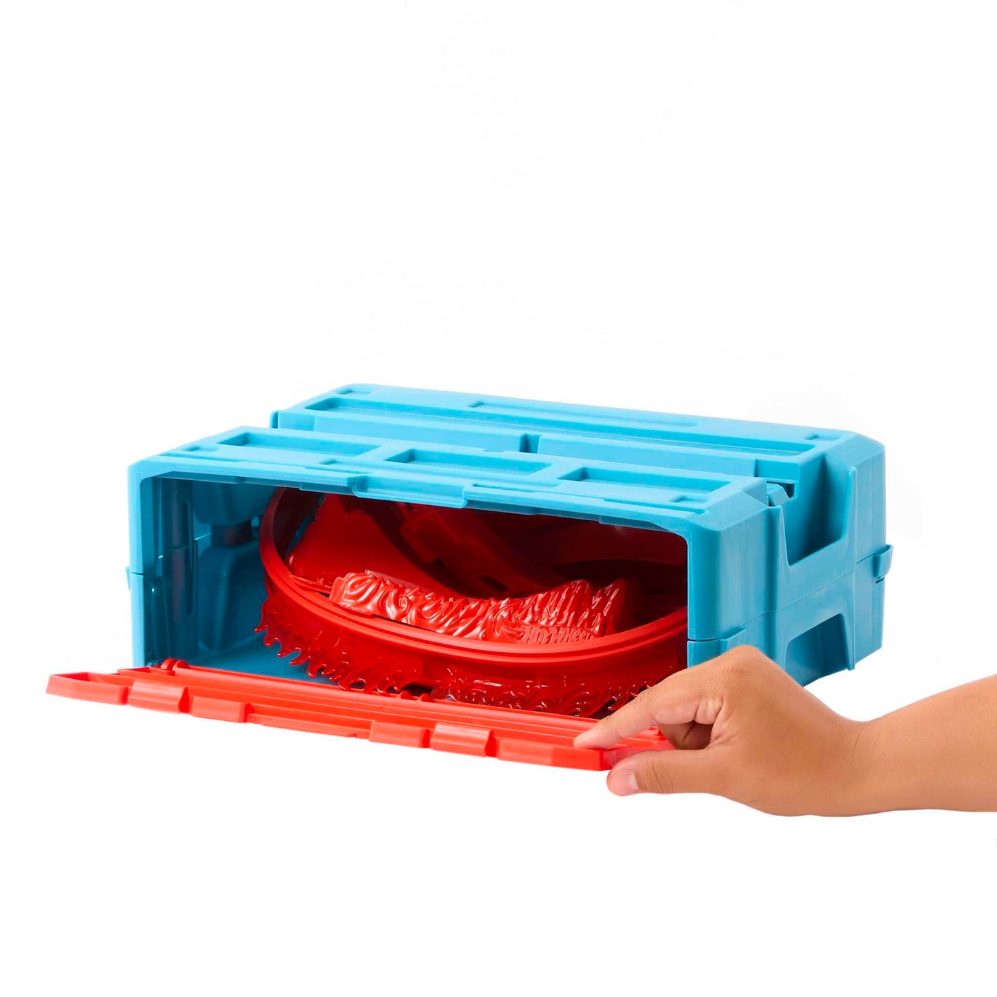 Hot Wheels track set, fire-themed track set with one Hot Wheels vehicle, 16 track and stunt components in stackable toy storage box, HMC04.