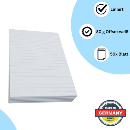 HLKauf Notebooks Writing Pads DIN A4 A5 A6 | squared | lined | blank, Notebook 5er|10er|20er Pack, 50 sheets per pad, 80 gsm offset white, pads for school or office Uni