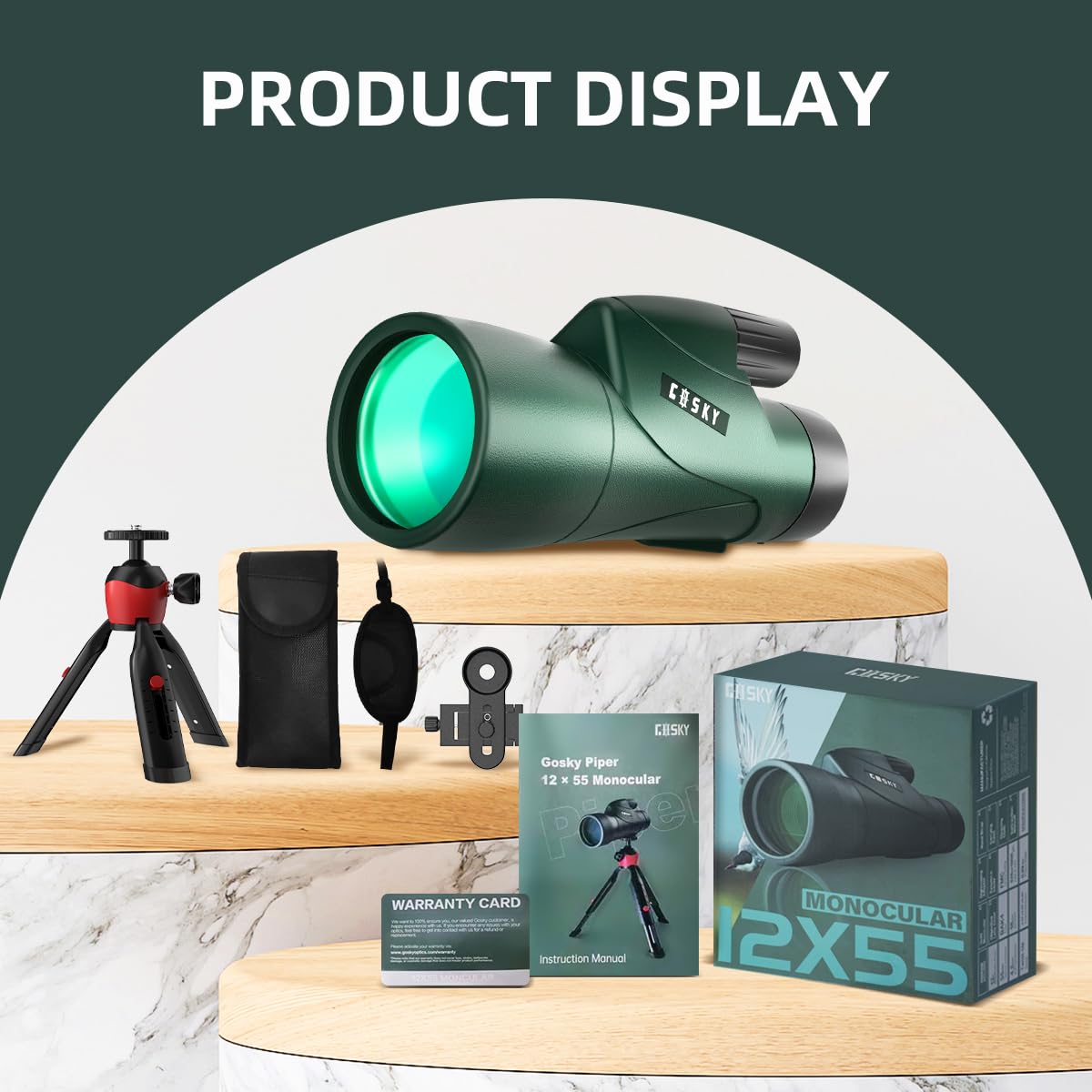 Gosky Monocular Telescope, Piper 12x55 High Definition Monocular for adults with BAK4 prism and FMC lens, lightweight, compact with smartphone adapter, suitable for bird watching.