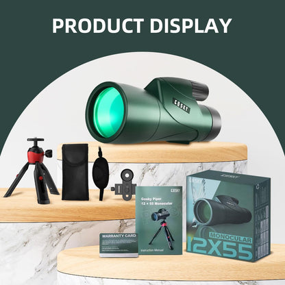 Gosky Monocular Telescope, Piper 12x55 High Definition Monocular for adults with BAK4 prism and FMC lens, lightweight, compact with smartphone adapter, suitable for bird watching.