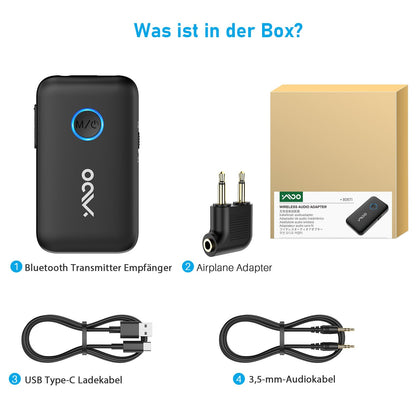 YMOO Bluetooth 5.3 adapter for TV/airplane to headphones, 2-in-1 Bluetooth transmitter receiver with APTX-ll, Bluetooth sender jack 3.5, splitter 2 for TV audio to speaker, 22H.