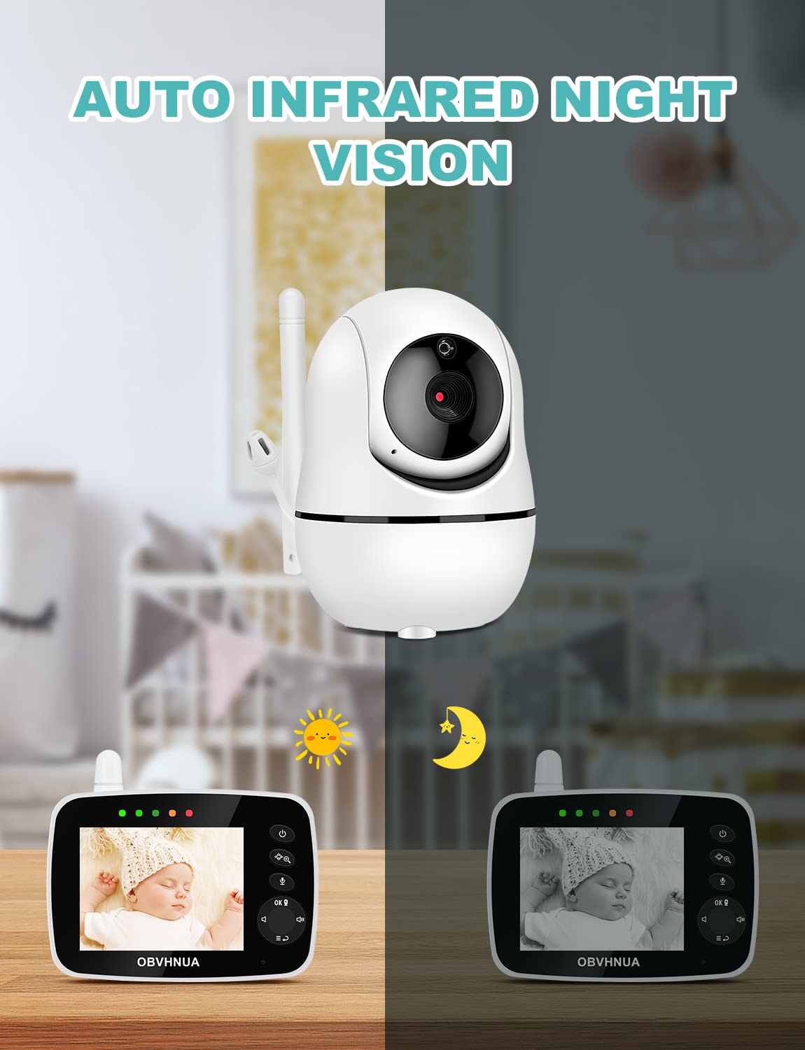 OBVHNUA baby monitor with camera 3.5 inch video baby monitor with LCD screen 355°/120° PTZ ECO mode night vision two-way communication temperature monitoring alarm lullaby