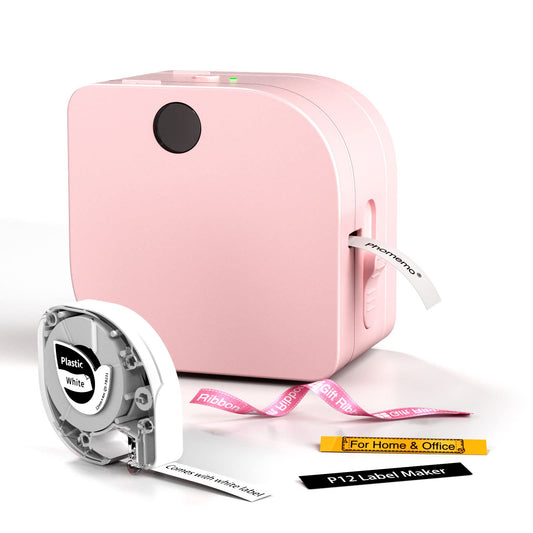 Phomemo P12 Mini Bluetooth Labeling Machine, self-adhesive label maker compatible with iOS & Android phones. Thermal label printer for home and office use - Pink.