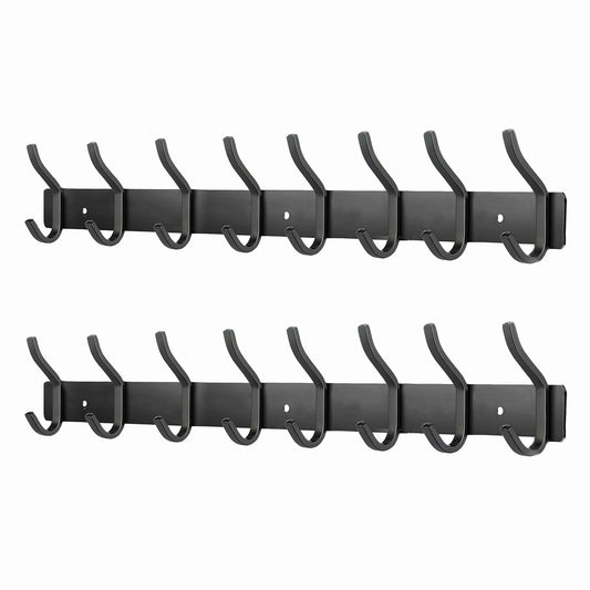 MEIJO stainless steel coat hooks, hook rail coat hooks wall with 8 hooks, coat rack wall coat rack for bedroom bathroom kitchen (Black, 8 hooks 2 pieces)