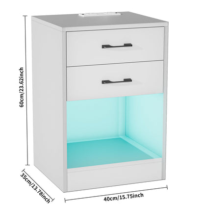 PIPIPOXER nightstand with socket & USB, bedside table LED with 2 drawers nightstand for living room, bedroom bed 40x35x60cm White
