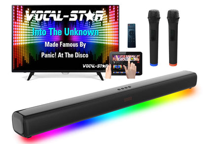Vocal-Star Karaoke Machine, Soundbar, 250w, 2 wireless UHF microphones, wall mount, 9 RGBW light effects, remote control, HDMI ARC, BT, AUX, Optical.