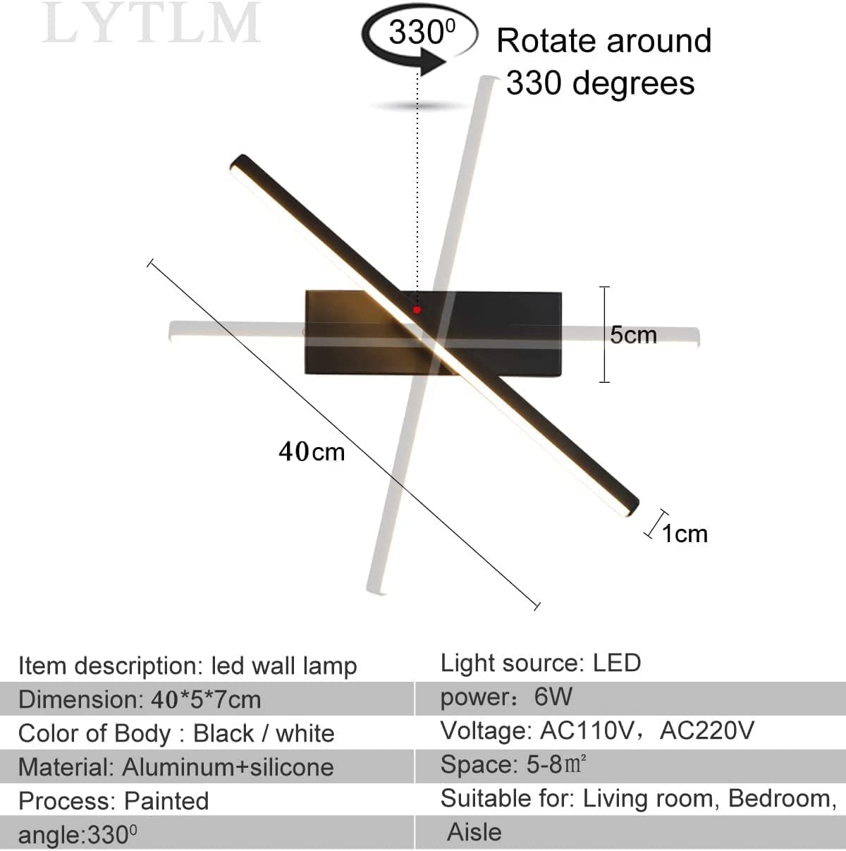 LYTLM Bedroom Wall Light with Plug and Cable, LED Mirror Light with Switch, Dimmable Bedside Lamp Indoor Reading Lamp Bathroom Wall Light Children's Room Wall Lighting 330° Rotatable 6W (Black)