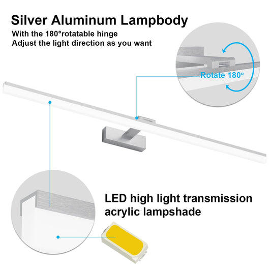 Klighten LED mirror light bathroom lamp 100CM, silver bathroom mirror lighting lamp 28W 1560LM bathroom lamp mirror lamp, 180° rotation, cold white 6000K, IP44 waterproof LED makeup light