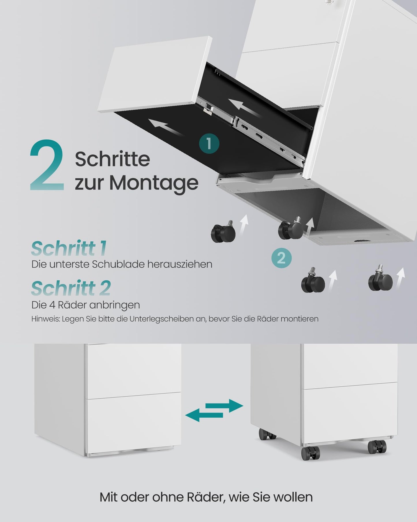 SONGMICS Drawer Cabinet, Rolling File Cabinet, Mobile Filing Cabinet, Metal Cabinet, Printer Stand, Lockable, 3 Drawers, Pre-Assembled, Office, Home Office, 40 x 30 x 54 cm, Matte White OFC079W01