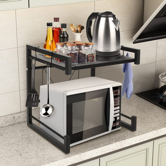 Microwave shelves, stainless steel kitchen shelf, retractable microwave rack, multifunctional microwave holder, kitchen storage organizer, microwave stand with 4 storage hooks, black.