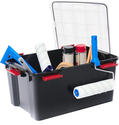 Iris Ohyama airtight plastic storage boxes with lids, 50L, set of 4, black, hermetic watertight seal, sturdy snap closures, stackable, dust protection, BPA-free, DDAT-L