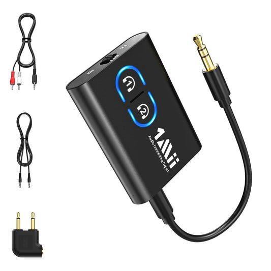 1Mii ML300 Bluetooth 5.3 Transmitter Receiver 2 in 1, aptX Low Latency and Adaptive, Dual Link Bluetooth Adapter for 2 Headphones, Audio Transmitter Jack for TV, Airplane, Fitness, Stereo System, 15h Battery