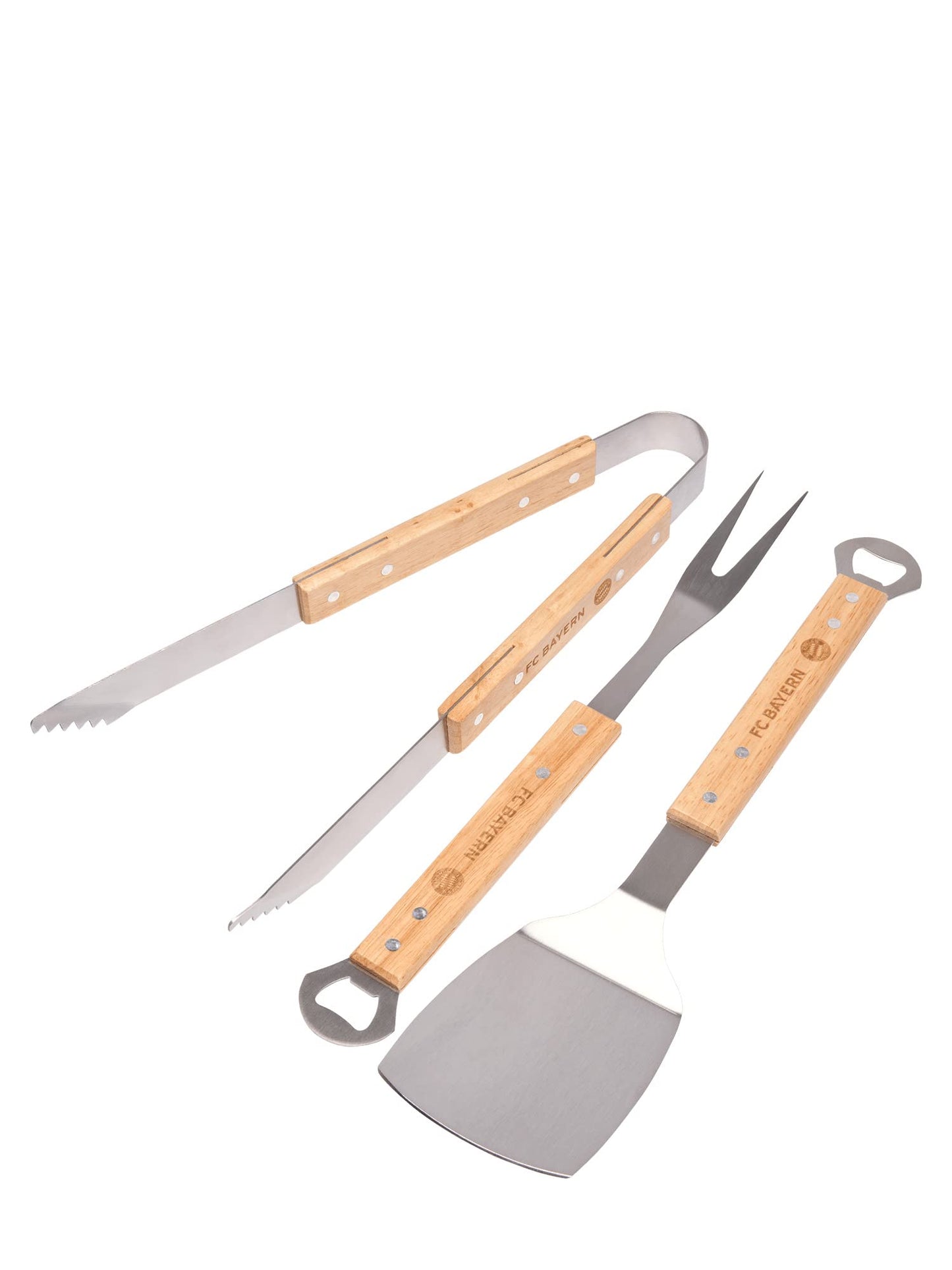 FC Bayern Munich barbecue tool set, 3 pieces including turner, tongs, and fork, made of wood. Football theme.