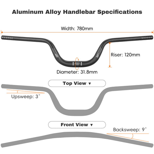 FLAT bicycle handlebar 25.4/31.8 * 620/780, mountain bike riser handlebar made of lightweight aluminum alloy, ideal for MTB (31.8mm-780mm, 120mm Rise)