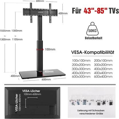 AOKCOS TV stand floor stand Height 1.6m for 43-75 85 inch TVs, Tilt Swivel Height Adjustable TV stand, Universal TV stand feet base Max VESA 600x400mm 50KG (Black)