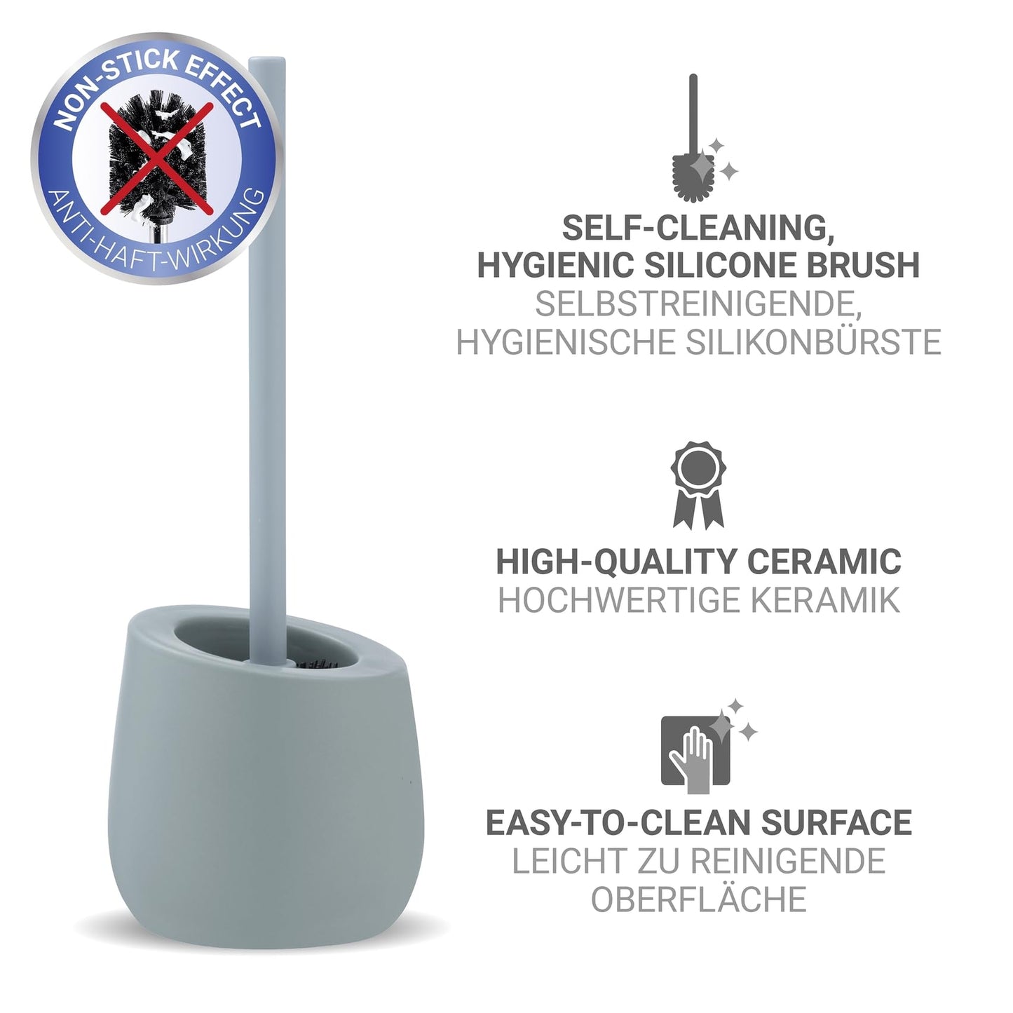 WENKO toilet brush set Mod. Badi, high-quality ceramic bathroom accessory with matte surface, includes toilet brush with Ø 7.5 cm black silicone brush head with non-stick effect, Ø 13.5 x 38 cm, blue-gray.