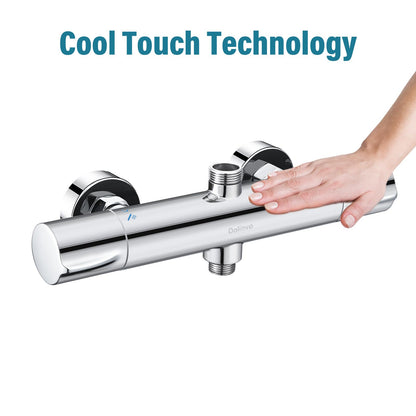 Shower Thermostat Mixer Tap Chrome, Dolinvo Shower Faucet Mixer with 38°C Safety Button & 2 Outlets, Round Shower Thermostat Mixer with Scald Protection & Water Saving Function